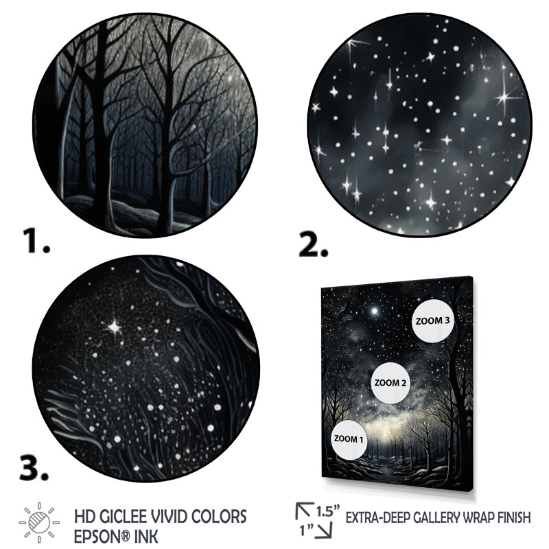 Auvent monochrome forêt noire - salon d'art mural paysage et nature, Cadre flottant doré, H 44 po x l 34 po x P 1,5 po