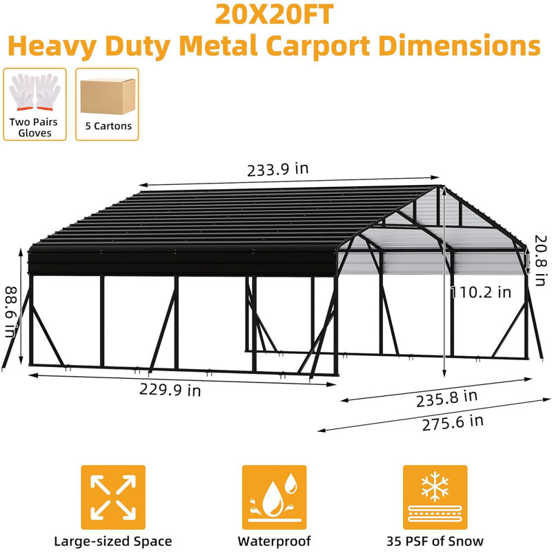 20' x 20' Heavy Duty Metal Carport with Galvanized Steel Roof, Large Outdoor Garage Shelter for Cars, Trucks, Boats, and Tractors