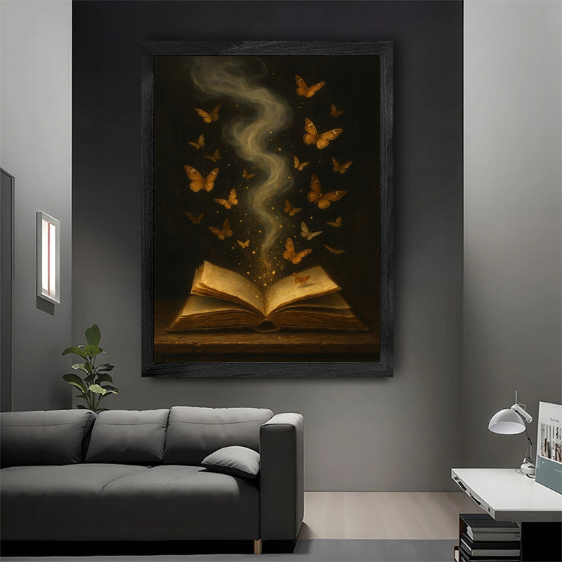 Reproduction d'art encadré noir avec papillon doré et livre mystique, H 17 po x l 13 po