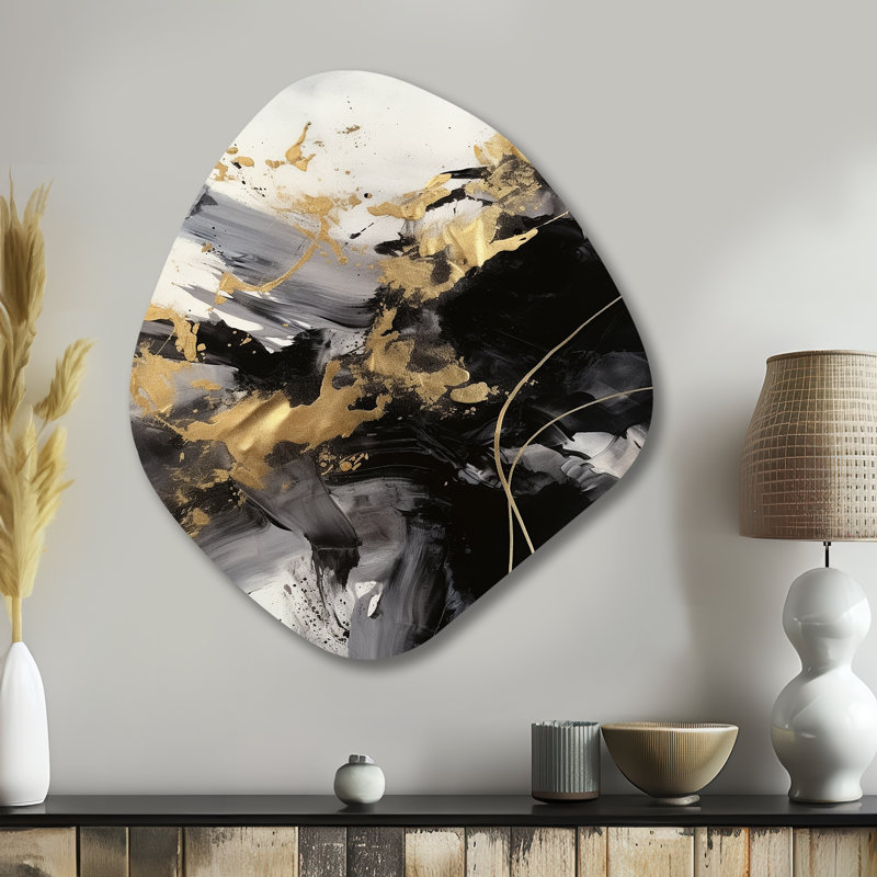 Or et gris fluides, fusion I - décoration murale asymétrique abstraite en métal, impression d'art en métal de forme unique dorée