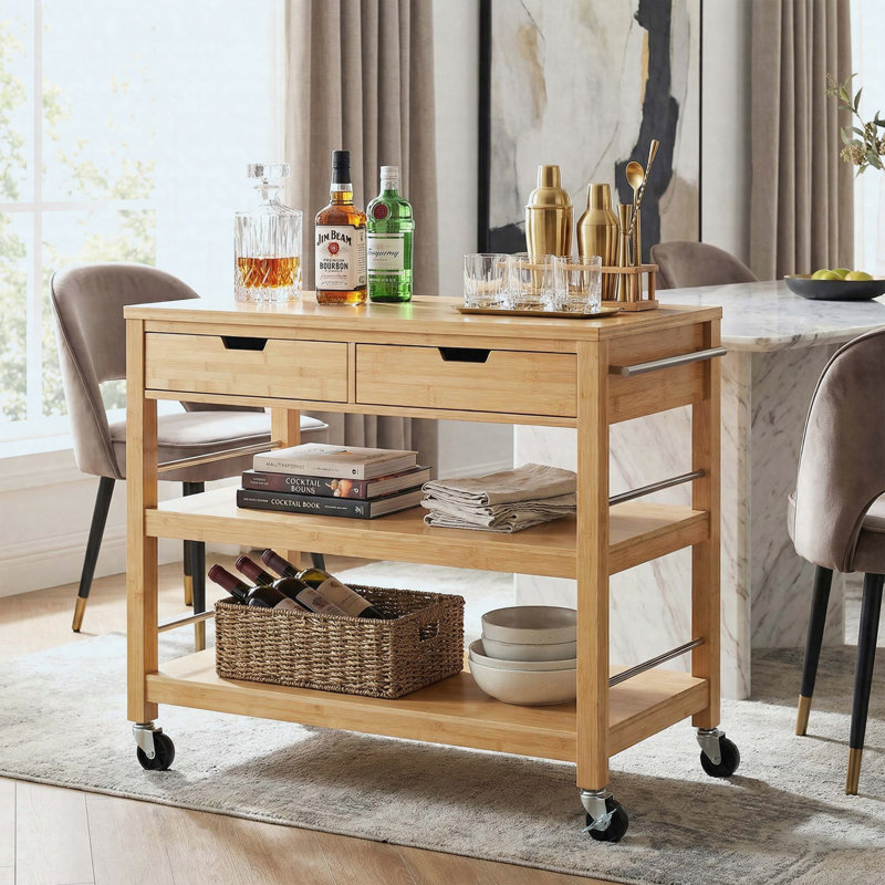 Chariot-bar d'intérieur multifonctionnel en bambou naturel avec roulettes verrouillables, tiroirs et tablettes ouvertes - idéal pour la cuisine, la salle à manger et les réceptions