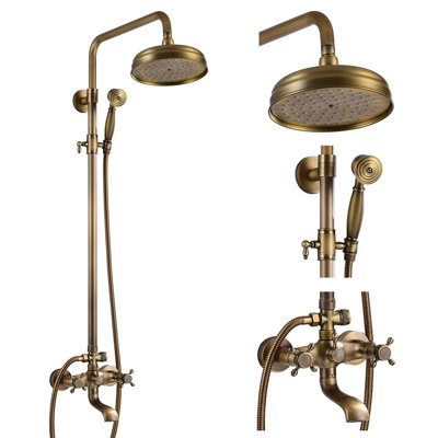 Antique Brass Exposed Shower Faucet Set Rain Shower System Fixture Wall Mounted