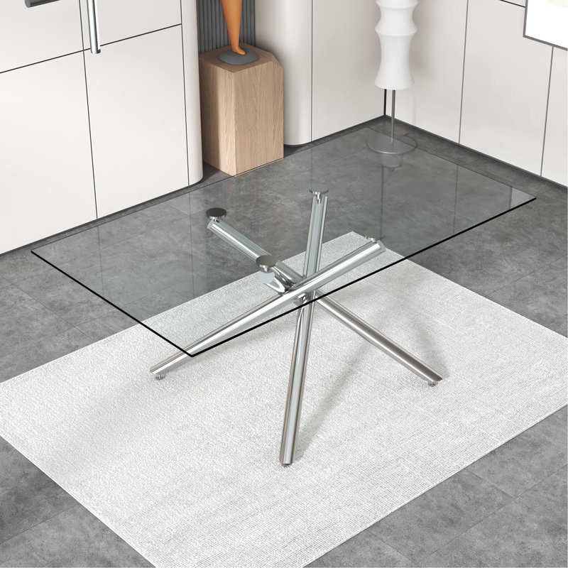 Modern Minimalist Rectangular Glass Dining Table With Sturdy Metal Legs For Various Spaces