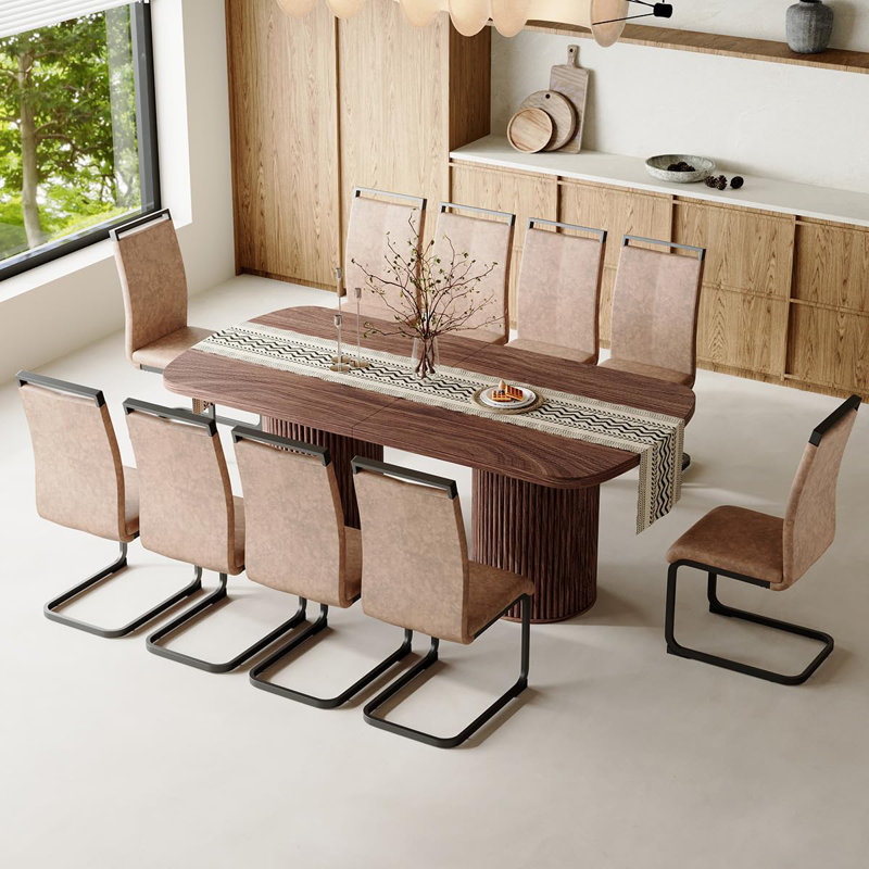 Ensemble de table de salle à manger en noyer de 79 po pour 10 personnes, grande table de salle à manger pour 10 personnes avec base à double piédestal cannelée et chaises rembourrées