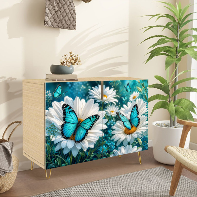 Buffet Buffet avec rangement Papillons turquoise, marguerites sarcelle et fleurs blanches avec 2 portes pour le salon et la cuisine