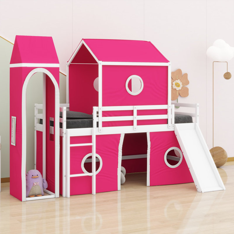 Lit mezzanine avec tente coulissante, Lit double, Rose