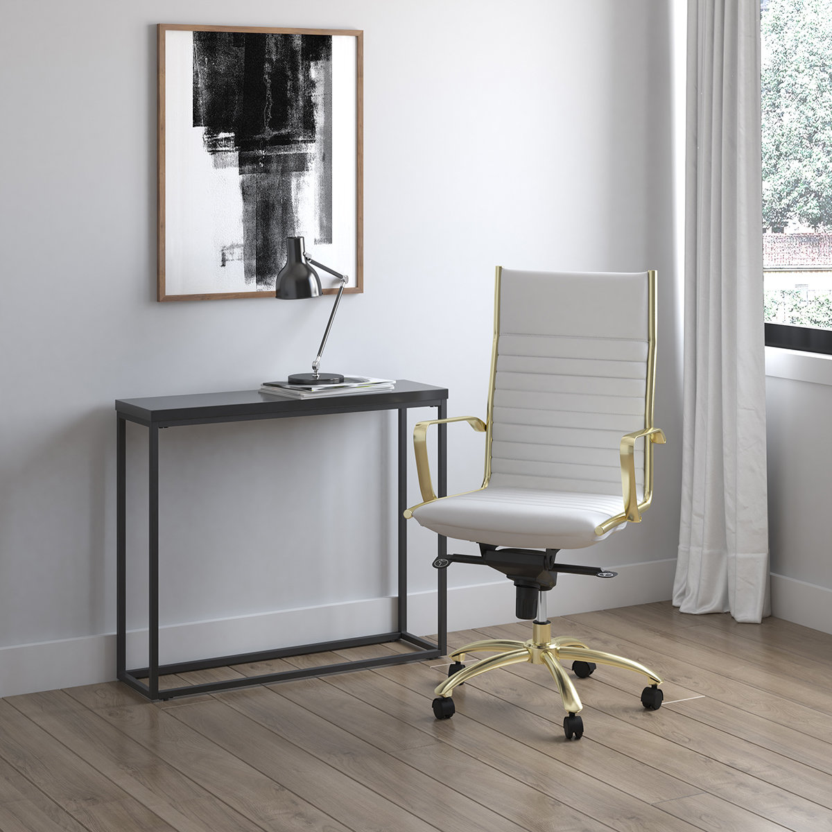 Naida Swivel Office Chair, White Faux Leather, Chrome