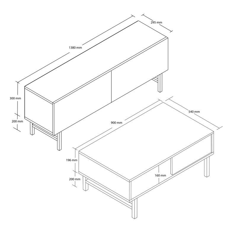 Élégant ensemble de meubles de salon, blanc | Meuble télé (54,3 x 19,7 x 11,6 po) et table basse (35,4 x 21,3 x 15,6 po) | Panneau de particules 100% mélaminé, fixation murale, tablettes multiples | Design moderne pour décors chics