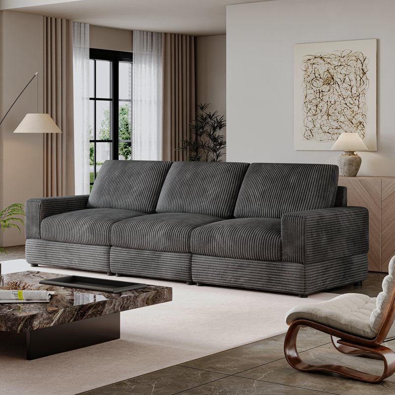 107.5''w Corduroy Modular Sectional Sofa, Comfy 3-seater Upholstered Oversized Couch With Armrests And Deep Seat, Modern Sleeper Sofa Bed For Living Room, Bedroom And Office, Black