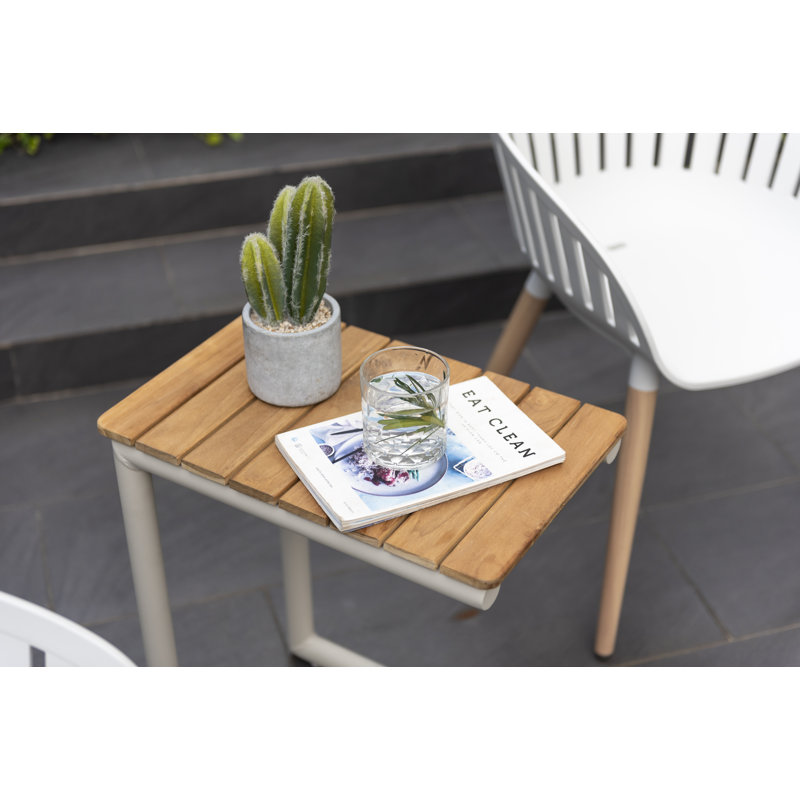 LifestyleGarden Moorea Aluminum and FSC Teak Outdoor Patio Coral Sand C-shape Side Table, Cream