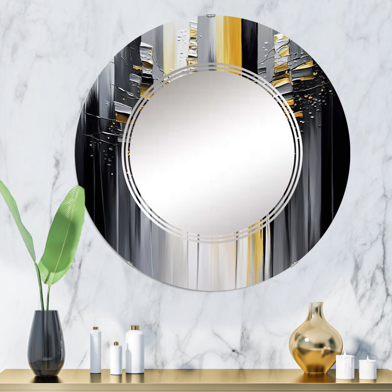 Philecia - abstrait géométrique noir et jaune I - miroir mural géométrique moderne, 32 po x 32 po