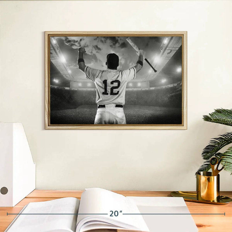 Joueur de baseball, Cadre flottant en bois naturel, 13 po x 9 po