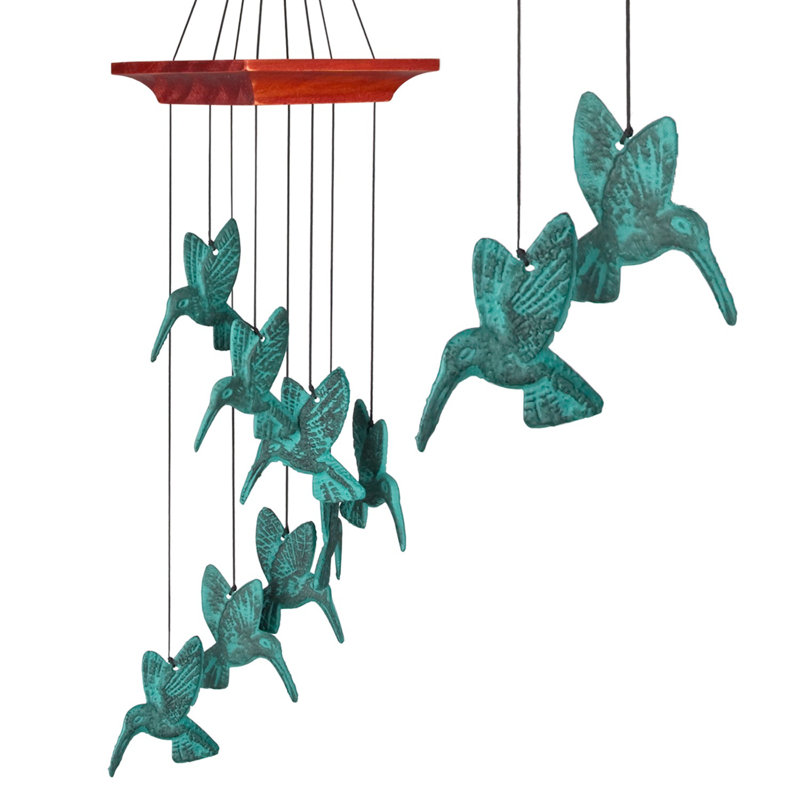 Verdigris Cast Metal Hummingbird Wind Chime with Wooden Top