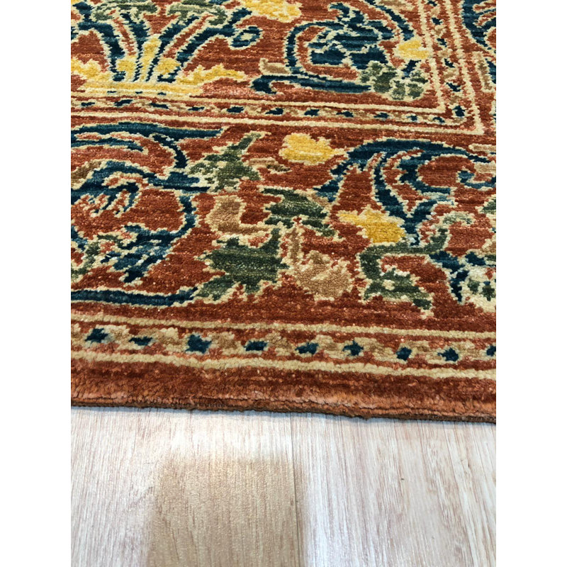 Tapis floral en laine noué à la main vert Mccoma, Rectangulaire 8 pi x 10 pi