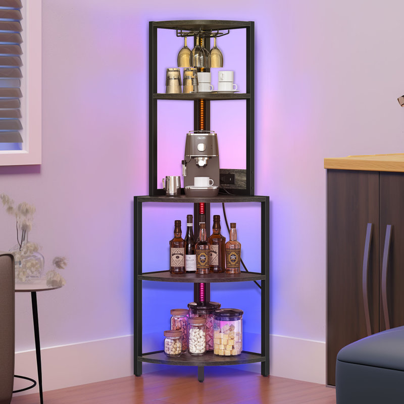 Brodric Modern Open Display Corner Bar with Colorful LED Light & Music Control, Gray/Black