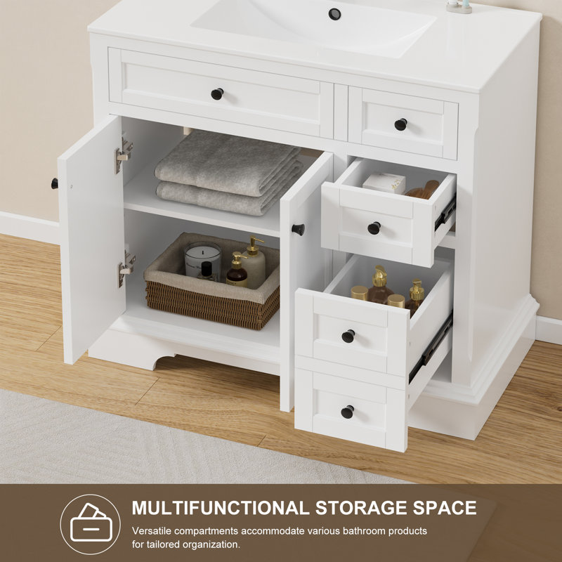 Meuble-lavabo simple 36 po avec comptoir d'évier Linsay, robinet en alliage de zinc, bois peint, portes à fermeture en douceur