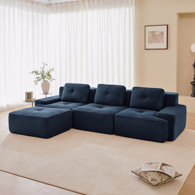 L-Shaped Sofa In Spacious Family Rooms 117" Modern L-Shaped Modular Sectional Sofa For Living Room, Corduroy Fabric,3-Seater Couch With Deep Seat And Movable Ottoman,Pearl-Like Piping, Tufted Design