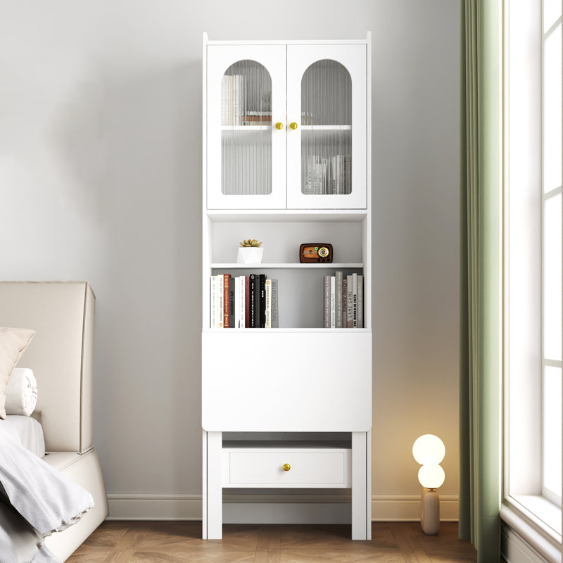 Multi-Function Desk Cabinet Fold-Out Convertible Writing Table With Shelves And Drawer, White