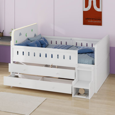 Wooden LED Bed With Built-In Storage Drawers
