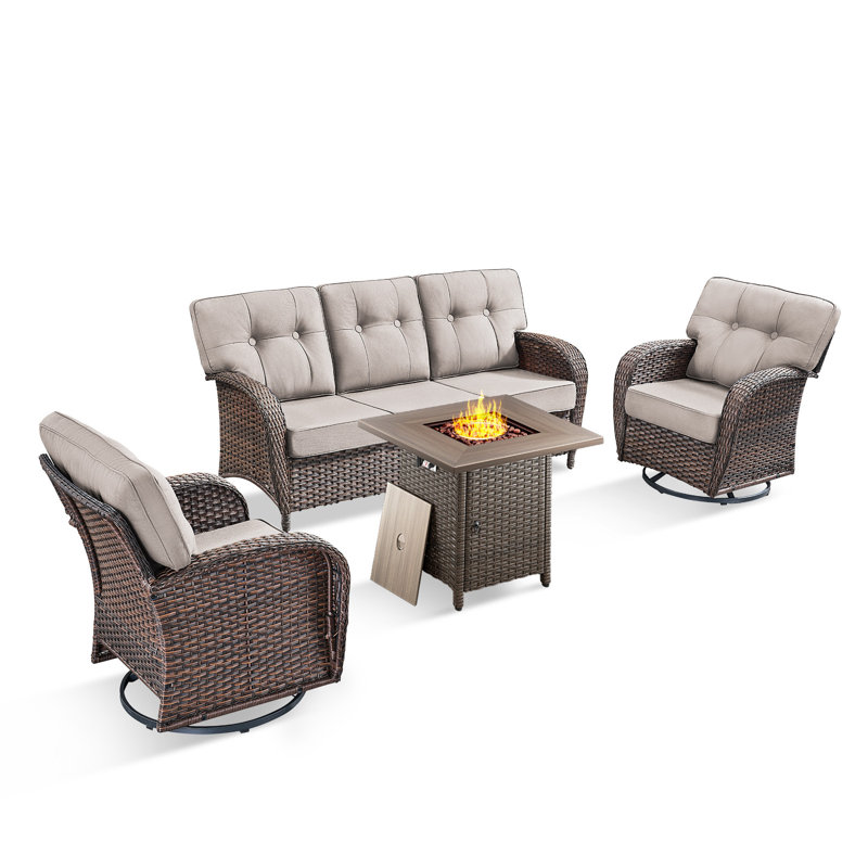 Teebeck 4-Piece Wicker Rattan Patio Conversation Set With Square Fire Pit Table And Swivel Chairs, Beige
