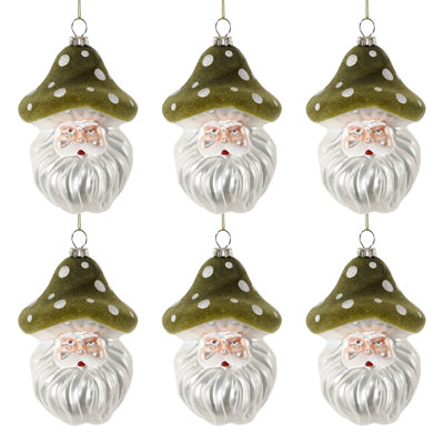 Ensemble de 6 décorations de sapin de Noël en verre représentant le père Noël et coiffé d'un chapeau champignon.