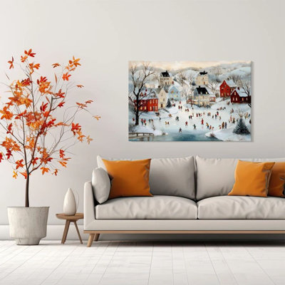 Winston Porter 1pc Framed Kovacs Painting Winter Town, Ice Skating, Nostalgic and Realistic Style Decor Print Vintage Wall Poster Home Decor Perfect Gift for Modern