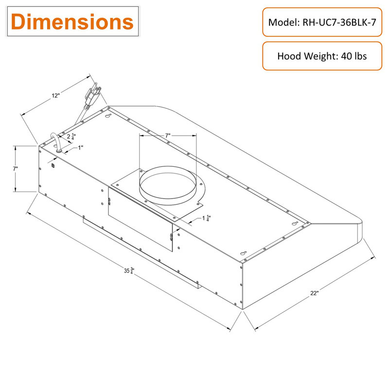 Hotte sous un meuble à conduit 36 pouces avec filtre à chicane et lumière incluse Awoco RH-UC7-36BLK