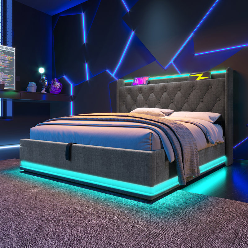 Twin size Upholstered bed, 360 surround LED function, Buttons/Apps/Remote Control, hydraulic storage bed with USB Type-C charging, Gray,Linen (Without mattress)