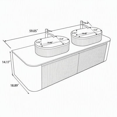 60-Inch Wall-Mounted Double-Sink Bathroom Vanity with Sintered Stone Top, Black Oval Ceramic Basins and Towel Rack