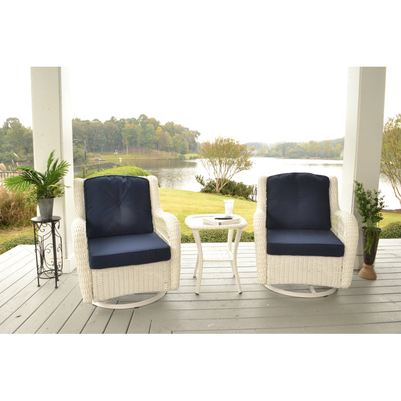 Rio Vista Swivel Premium All-Weather Wicker Outdoor Lounge Chair, White, Navy Blue