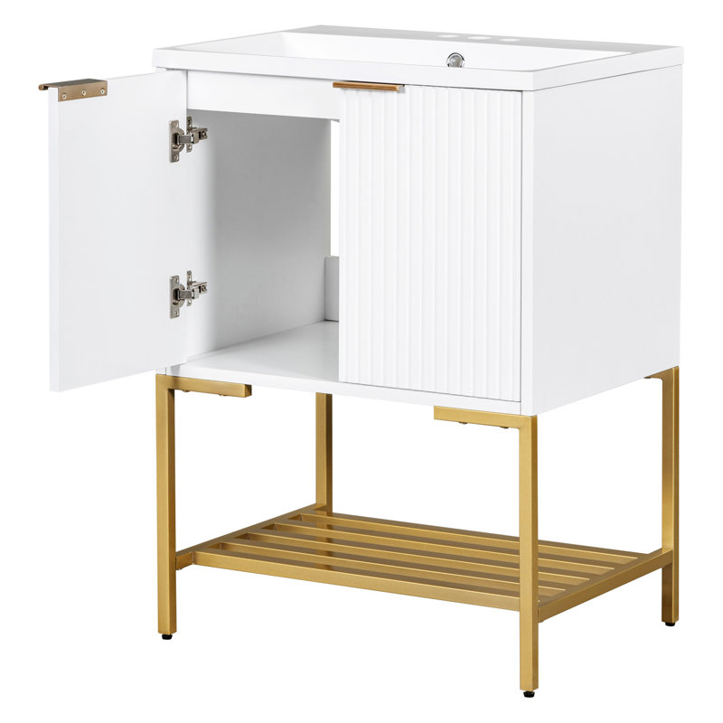 Meuble-lavabo avec lavabo, meuble-lavabo avec deux portes et structure en métal doré Natira