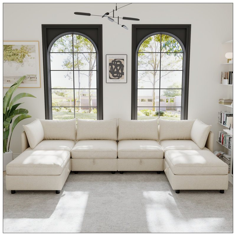 Clareville Modular Storage Sectional Sofa, 32" H x 129" W x 63" D, Beige Chenille