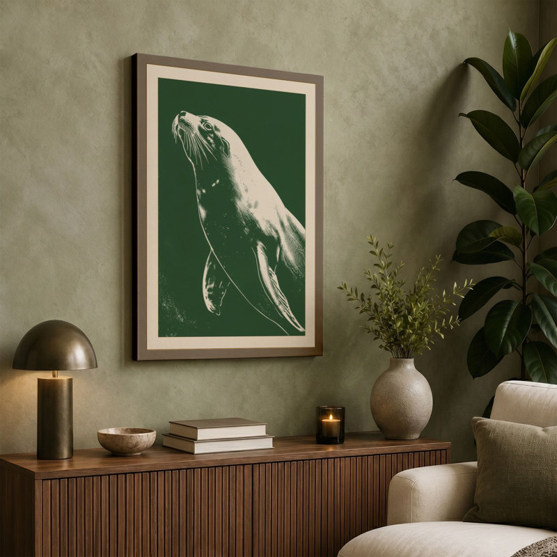 Graceful Seal Study Japandi - Wrapped Canvas, 36x24 - 91.4 x 61.0 cm, Teal Border
