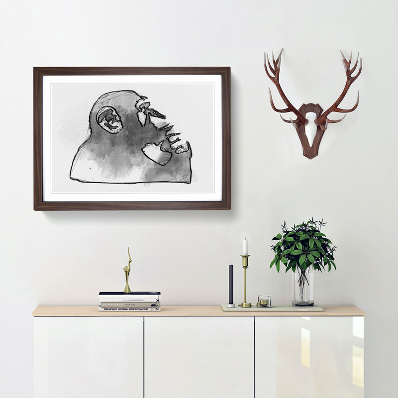 Thinker Monkey by Banksy - Framed Print, 60cm H x 91cm W x 2cm D, Walnut