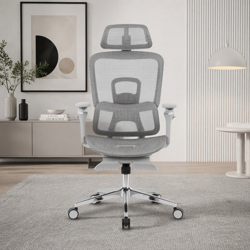 Chaise de bureau ergonomique en maille avec accoudoirs 5D et repose-pieds rétractable, grise, Gris, Grey