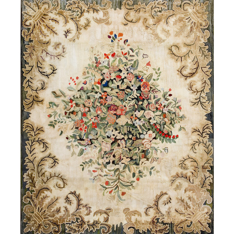 Room Size American Hooked Antique Ivory Wool 1930s Rug
