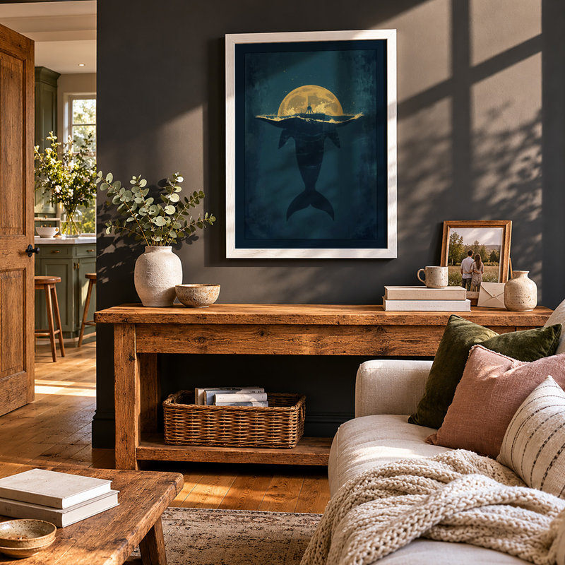 Mermaid Under Moonlight Coastal - Framed Print, A4 - 29.7 x 21.0 cm, Walnut