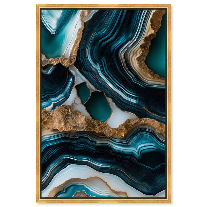«Teal Tectonic II», art mural géode bleue par , Cadre flottant doré, H 37 po x l 25 po