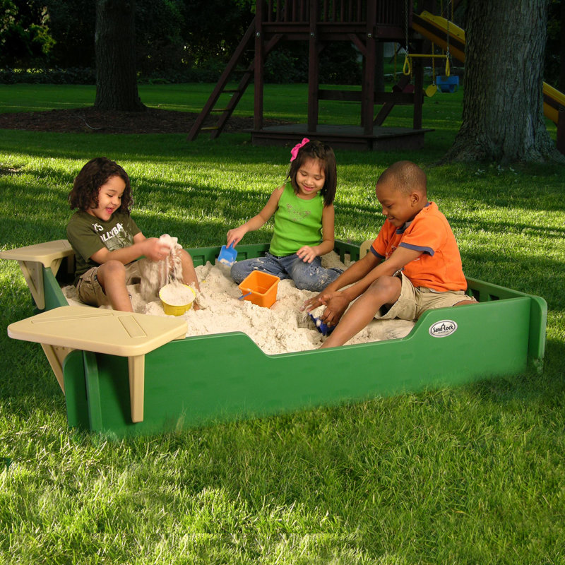 5x5 Green Plastic Sandbox with Cover and Corner Seats