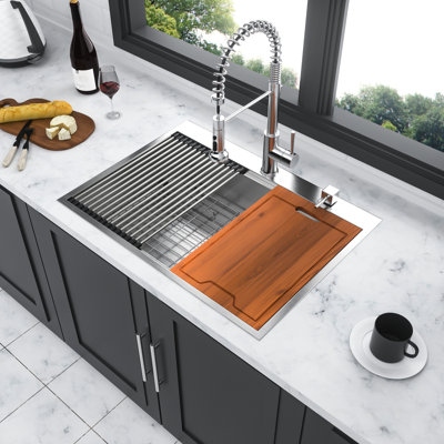 Évier de cuisine encastré de 30 po, acier inoxydable de calibre 16, bol simple, poste de travail, résistance à l'usure et à la rouille, drainage de l'eau en forme de X, paquet de 5 accessoires, conception de drain de réduction du bruit,