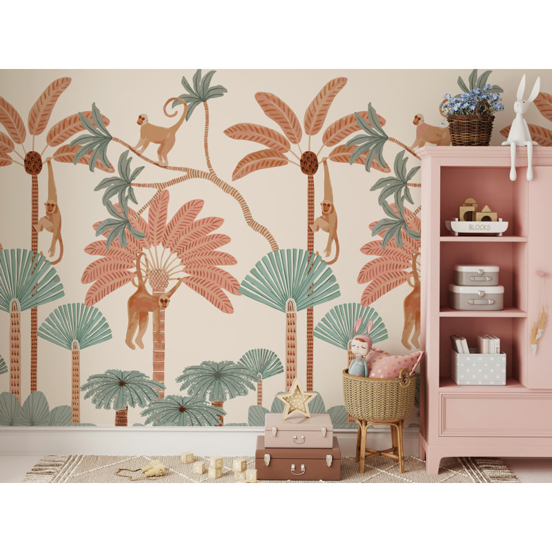 Papier peint vert jungle Playful Monkey Palm, L 115 po x l 225 po