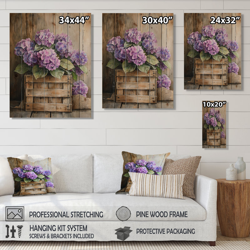 Bouquet d'hortensias dans une caisse en bois II - décoration murale en bois d'hortensias - sur bois de pin naturel