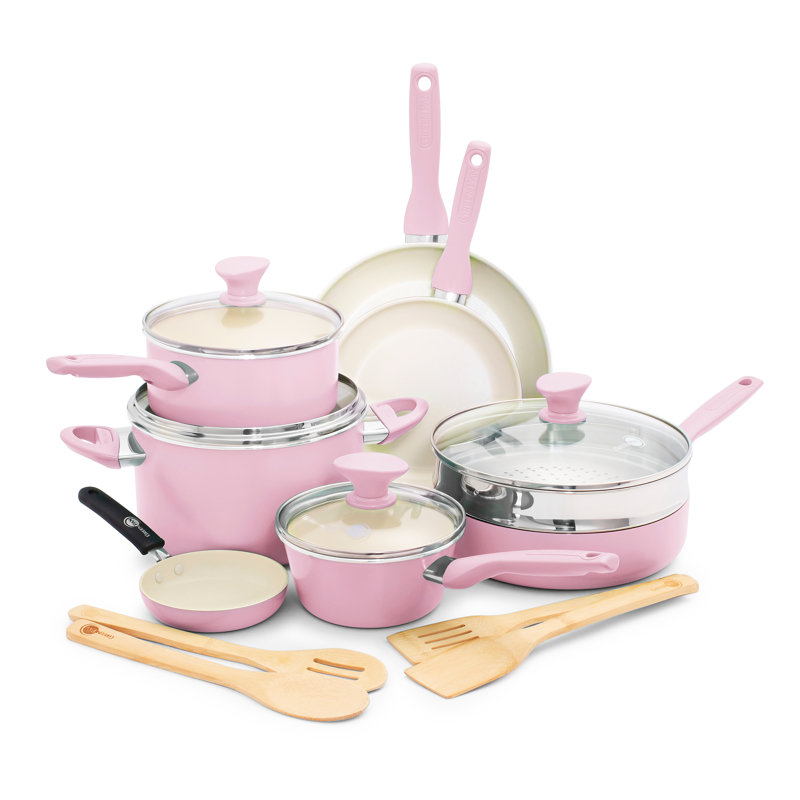 GreenPan Rio Healthy Ceramic Nonstick 16 Piece Cookware Pots and Pans Set, PFAS-Free, Dishwasher Safe, Pink