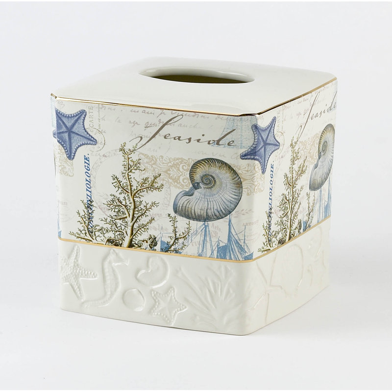 Antigua Coastal Ceramic Tissue Box Cover with Gold Trim