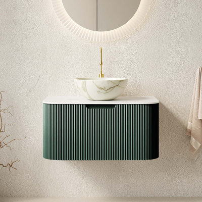 Meuble-lavabo flottant avec rebords courbés et armoire de rangement rayée