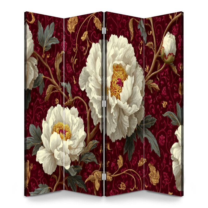 Cloison pliante 4 panneaux avec paravents élégants or blanc et pivoines bourgogne foncé Toile séparateur de cloison autoportante