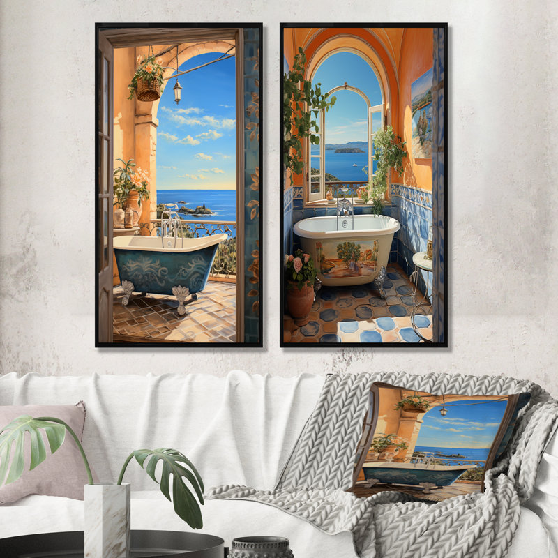 «Blue Italian Bath Serenity II», ensemble de 2 reproductions d'art mural de salle de bain, H 32 po x l 33 po, Cadre noir