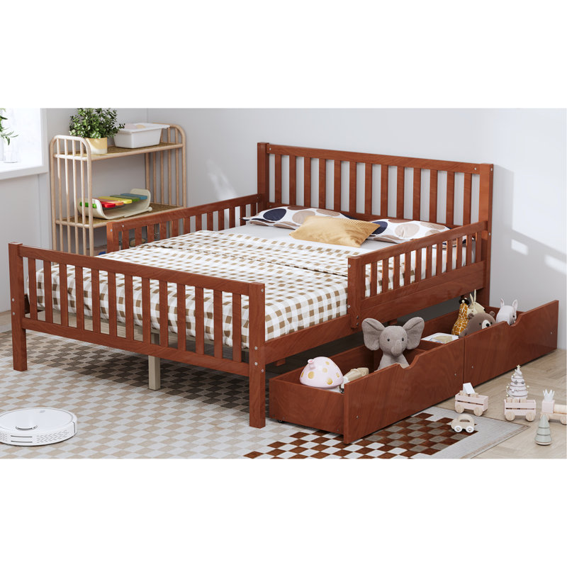 Lit plateforme en bois de noyer pleine grandeur avec garde-corps et deux tiroirs pour le rangement de la chambre à coucher, finition lisse, stabilité à 8 lattes avec les deux tiroirs de rangement latéraux, contreplaqué robuste, sommeil sécuritaire et confortable