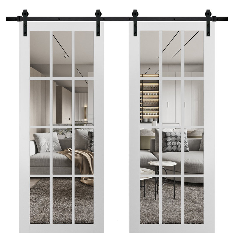 Portes de grange en verre transparent Felicia avec ensemble de quincaillerie d'installation, 48 po x 84 po