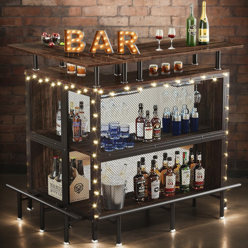 Meuble-bar de coin, table de bar avec porte-verres et tablettes de rangement, Brun